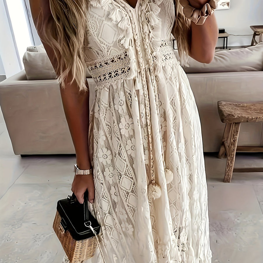 Damen Boho Maxikleid mit Spitze und V-Ausschnitt – Elegantes Sommerkleid für Feste und Strand