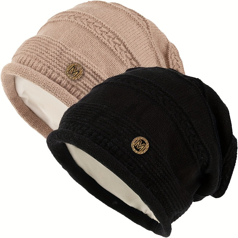 Slouchy Beanie Mütze Damen Strickmütze Beige mit Muster weiches Innenfutter