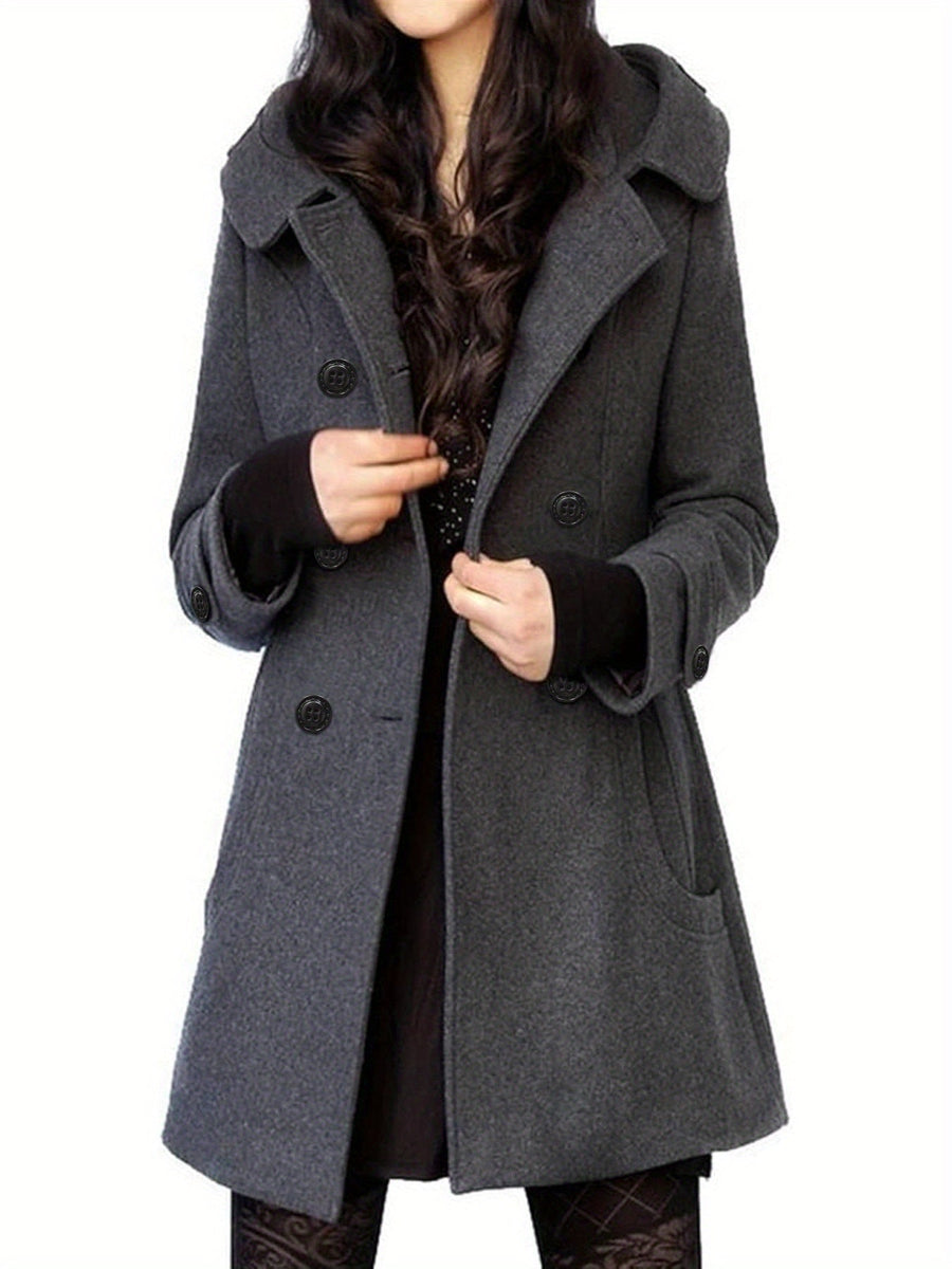 Damen Kurzmantel Dunkelgrau mit Kapuze, Zweireiher, Taschen