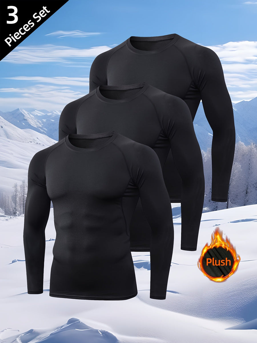 Herren Thermoshirt Langarm Schwarz Rundhals 3er-Set