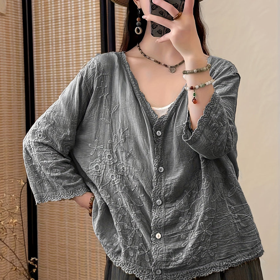 Damen Bluse Langarm V-Ausschnitt Bestickt mit Knopfleiste und Spitze