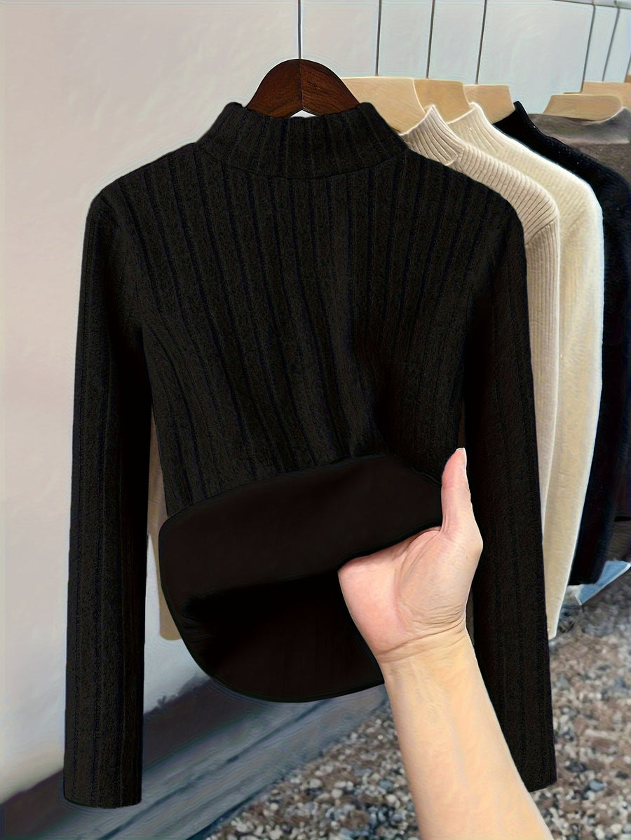 Gerippter Damen Pullover mit hohem Kragen und warmem Fleecefutter, Langarm, Slim Fit
