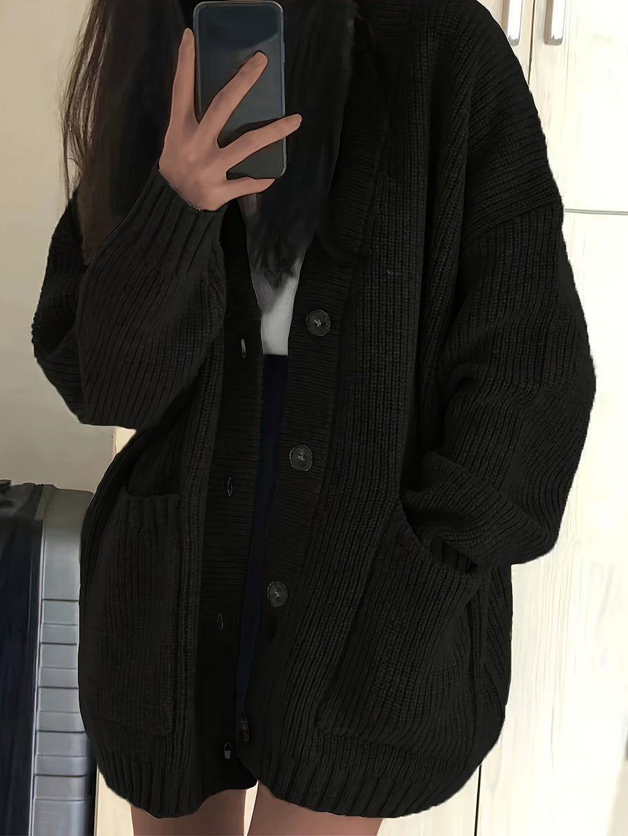 Damen Strickjacke Langarm V-Ausschnitt Knopfleiste Rippstrick Oversize