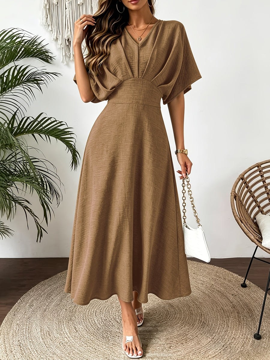 Damen Midi Kleid mit V-Ausschnitt & Fledermausärmeln, Tailliert, Grün