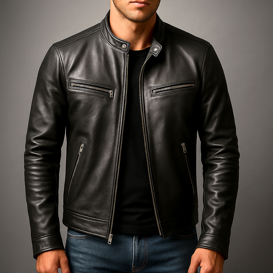 Herren Bikerjacke in Lederoptik mit Stehkragen und Reißverschlüssen
