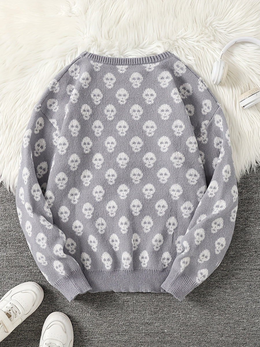 Unisex Strickpullover mit Rundhalsausschnitt und Totenkopfmuster