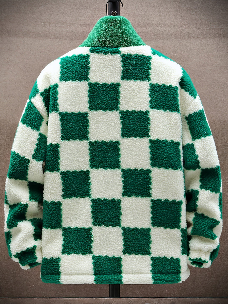 Teddyfleece Jacke Herren Kariert Blau Weiß Stehkragen Reißverschluss