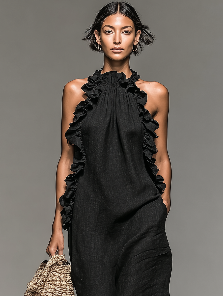 Damen Maxikleid mit Rüschenkragen und Volants, ärmelloses Sommerkleid mit Halfterausschnitt