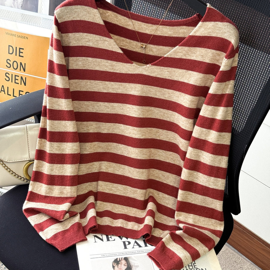 Damen Pullover Gestreift V-Ausschnitt Langarm Strick