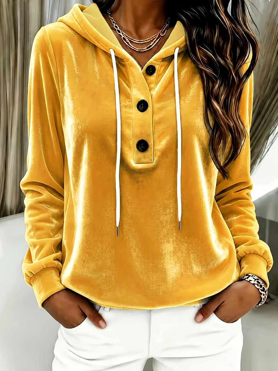 Damen Hoodie Samtoptik mit Kapuze und Knopfleiste, Langarm Sweatshirt Freizeitoberteil