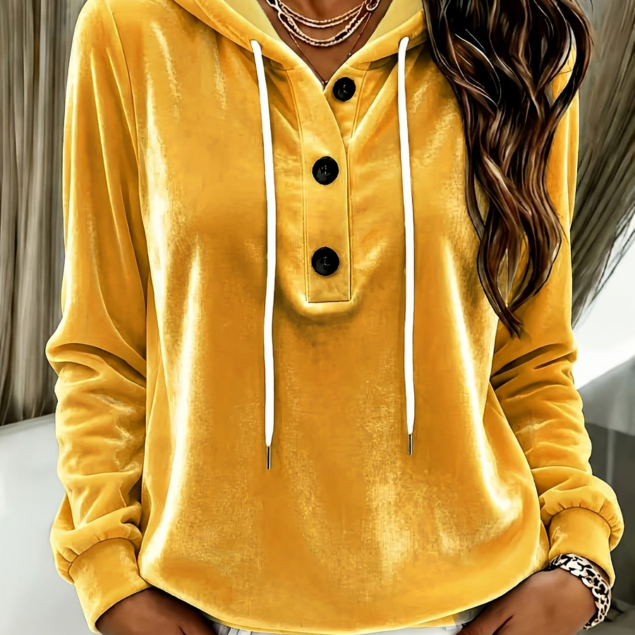Damen Hoodie Samtoptik mit Kapuze und Knopfleiste, Langarm Sweatshirt Freizeitoberteil