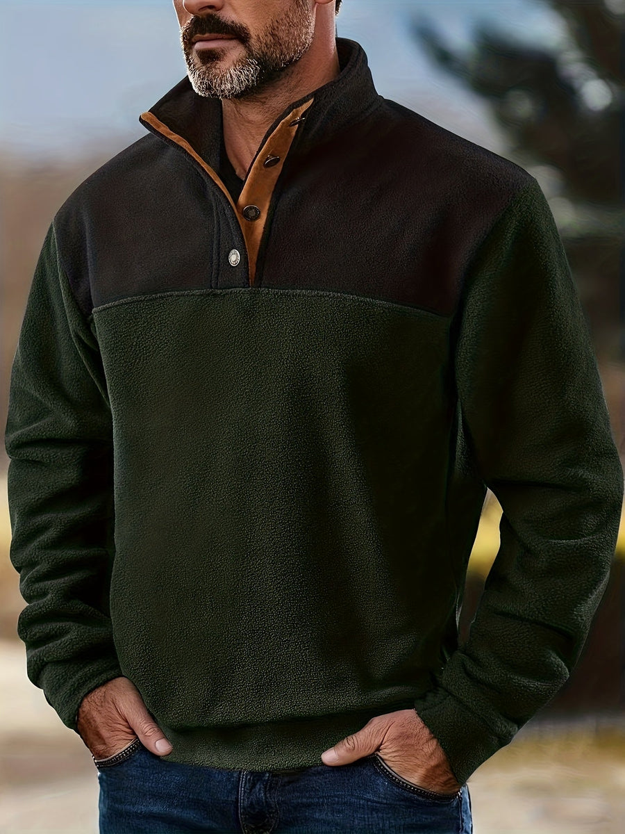 Herren Fleece Pullover mit Stehkragen und Knopfleiste - Zweifarbig