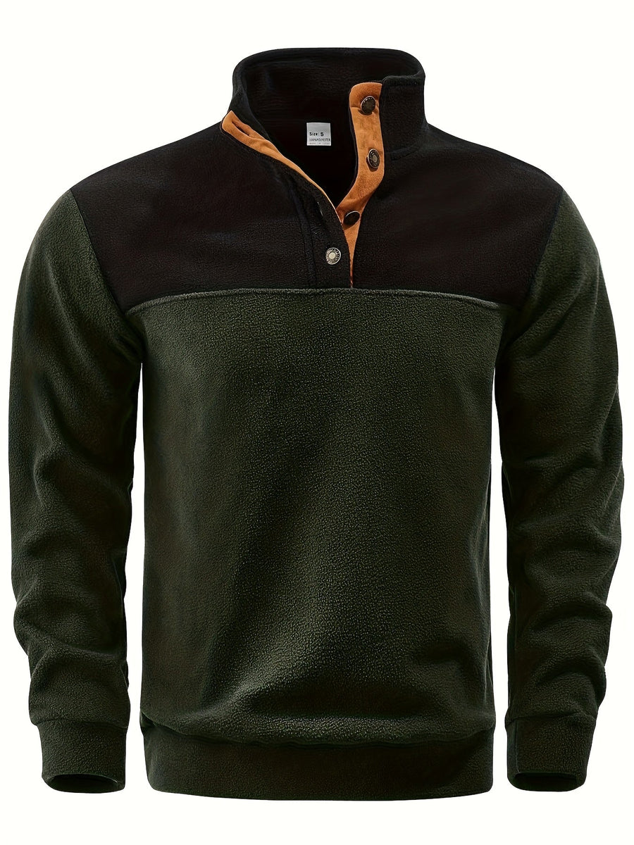 Herren Fleece Pullover mit Stehkragen und Knopfleiste - Zweifarbig
