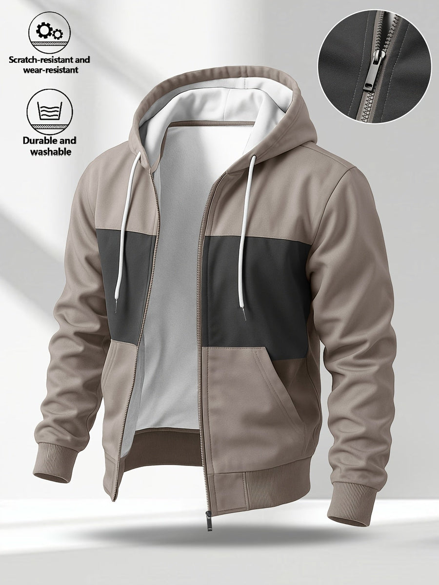 Herren Kapuzenjacke mit Reißverschluss, Color-Block, Rippbündchen, Khaki-Schwarz
