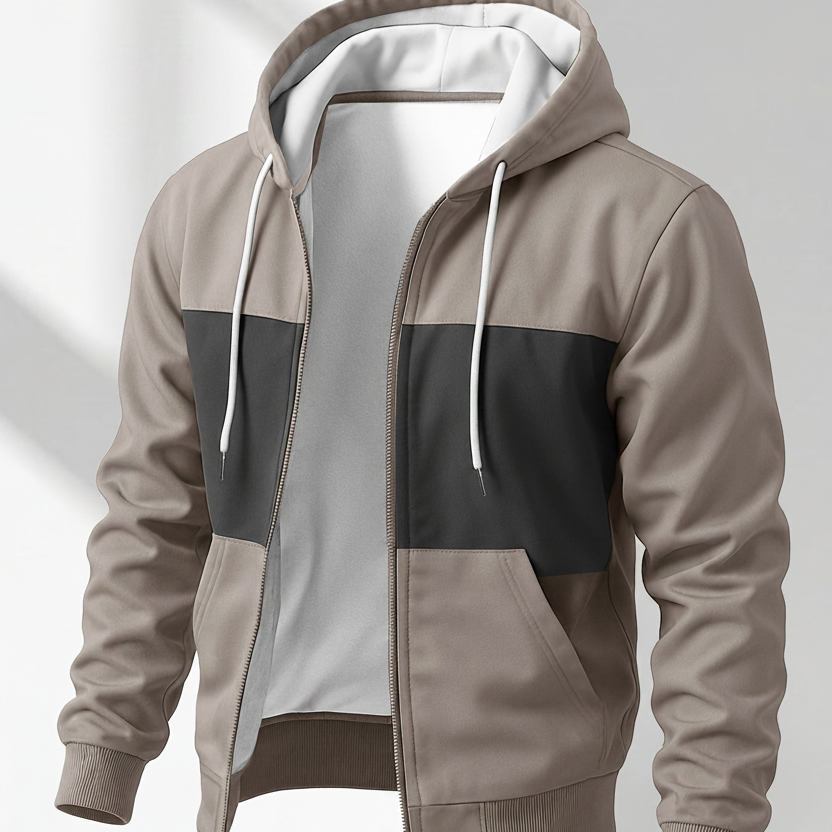 Herren Kapuzenjacke mit Reißverschluss, Color-Block, Rippbündchen, Khaki-Schwarz