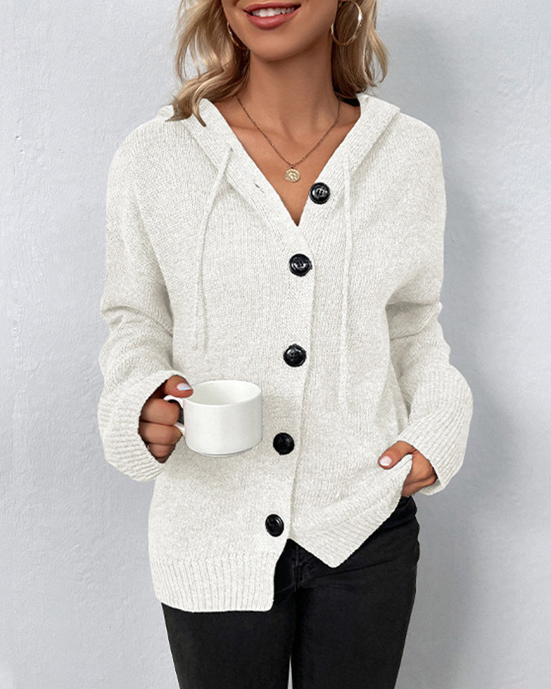 Damen Strickjacke mit Kapuze und Knopfleiste, langärmelig, verschlusslos
