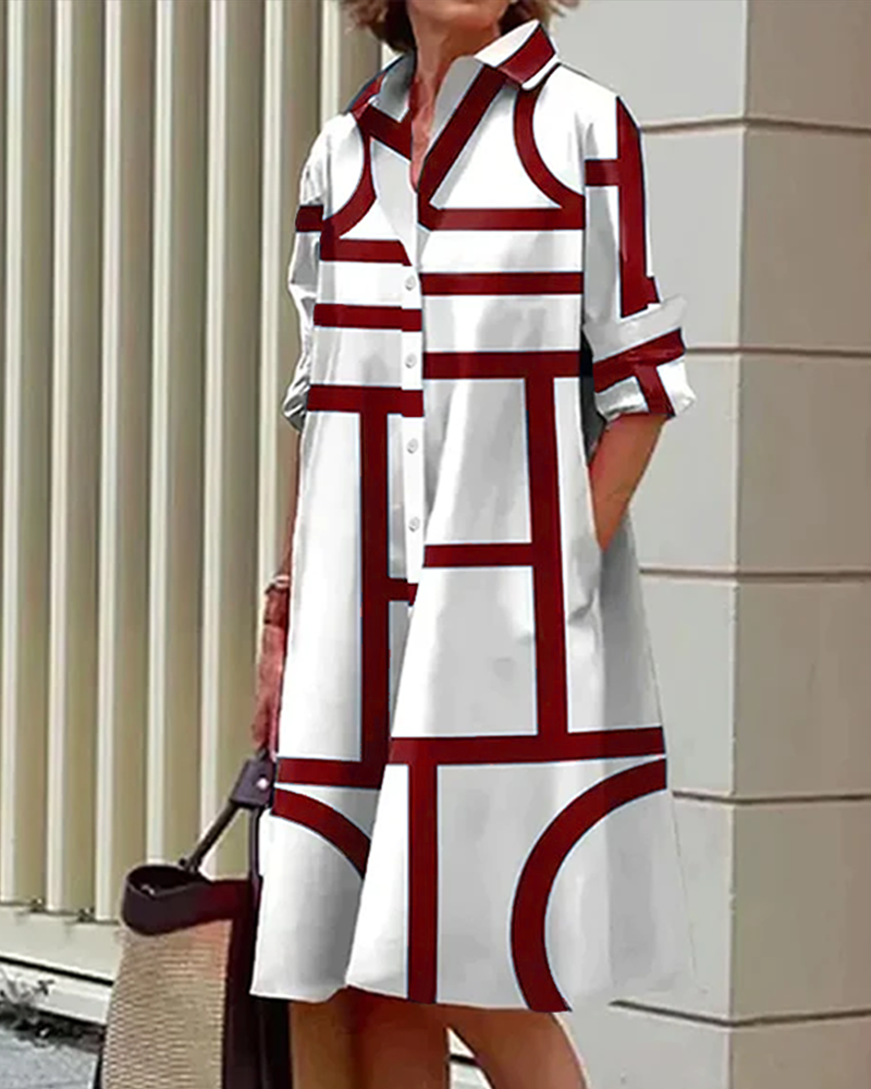 Damen Shirtkleid mit geometrischem Muster und Taschen – Lässiger, moderner Stil für Alltag und Büro