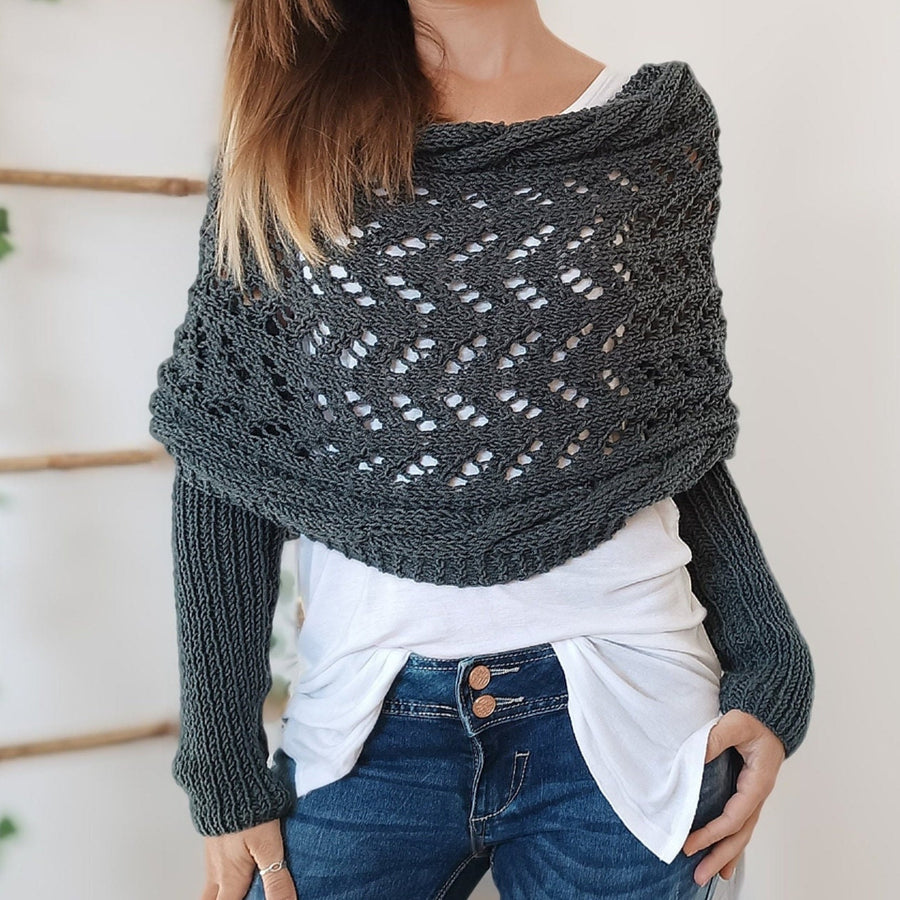 Gestrickter Bolero mit Ärmeln, Wickel-Design und Lochmuster in verschiedenen Farben