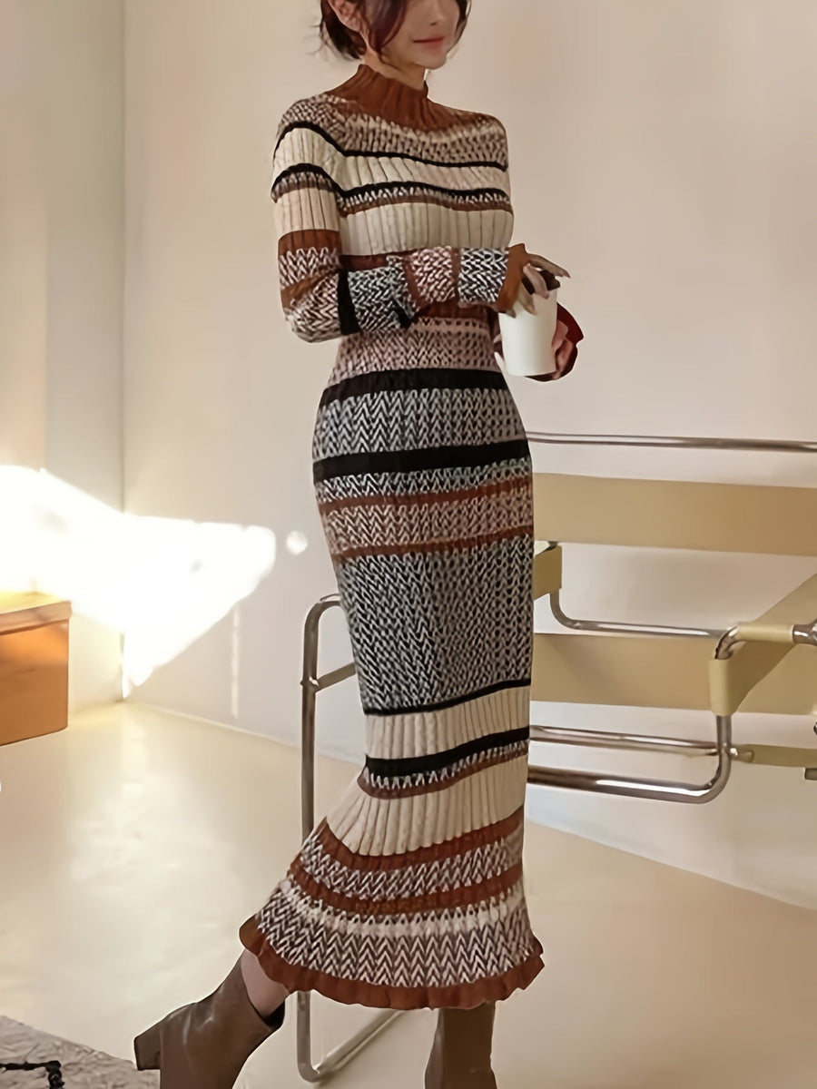 Damen Strickkleid Lang Ärmel Rollkragen Mehrfarbig Gemustert