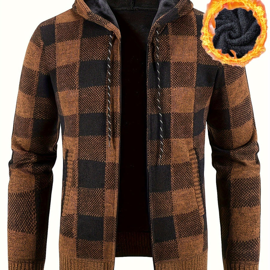 Herren Kapuzenstrickjacke kariert gefüttert mit Reißverschluss und Kordelzug