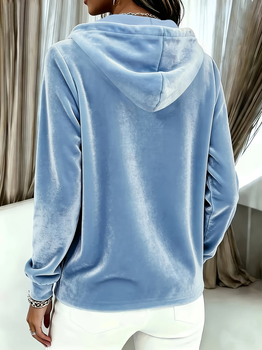 Damen Hoodie Samtoptik mit Kapuze und Knopfleiste, Langarm Sweatshirt Freizeitoberteil