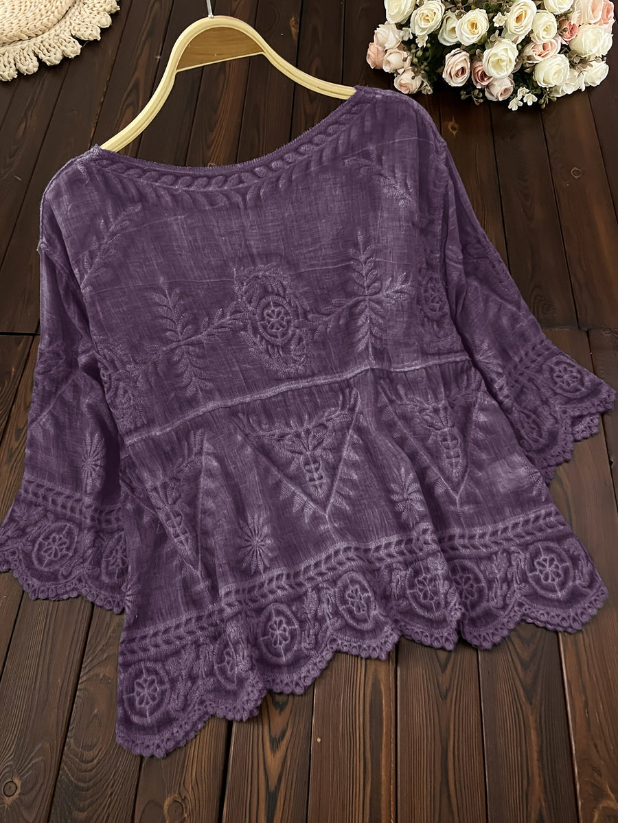 Damen Bluse Stickerei Knopfleiste V-Ausschnitt Tunika Oberteil Langarm Blusen
