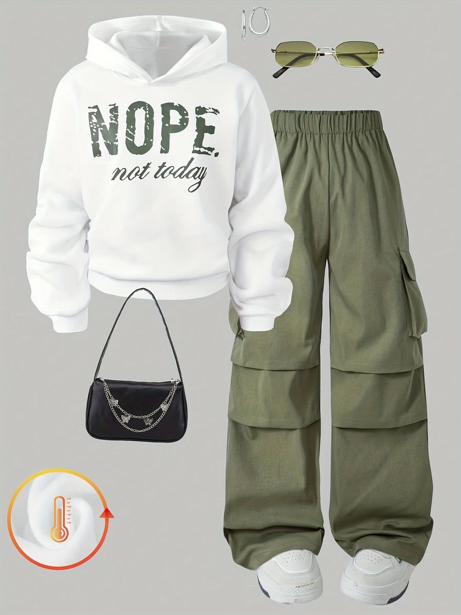 Damen Hoodie & Cargo-Hosen Set mit Aufdruck Weiß Grün