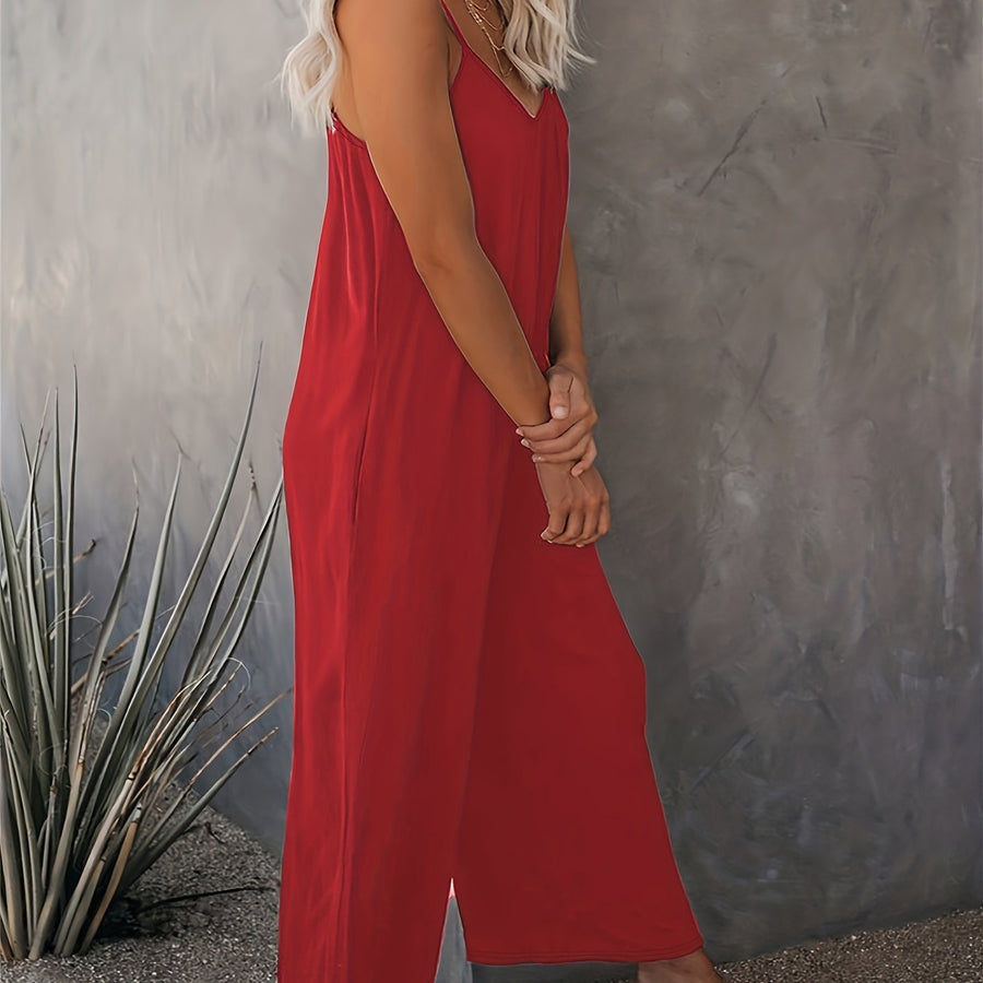 Damen Weite Casual Jumpsuit mit Spaghettiträgern – Luftiger Einteiler für Freizeit & Urlaub