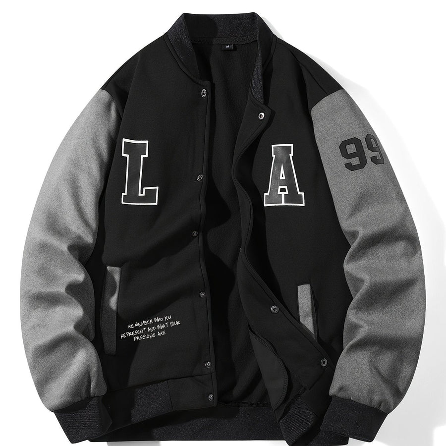 College Jacke Unisex mit Kontrastärmeln Druckknopfverschluss und Schriftzug