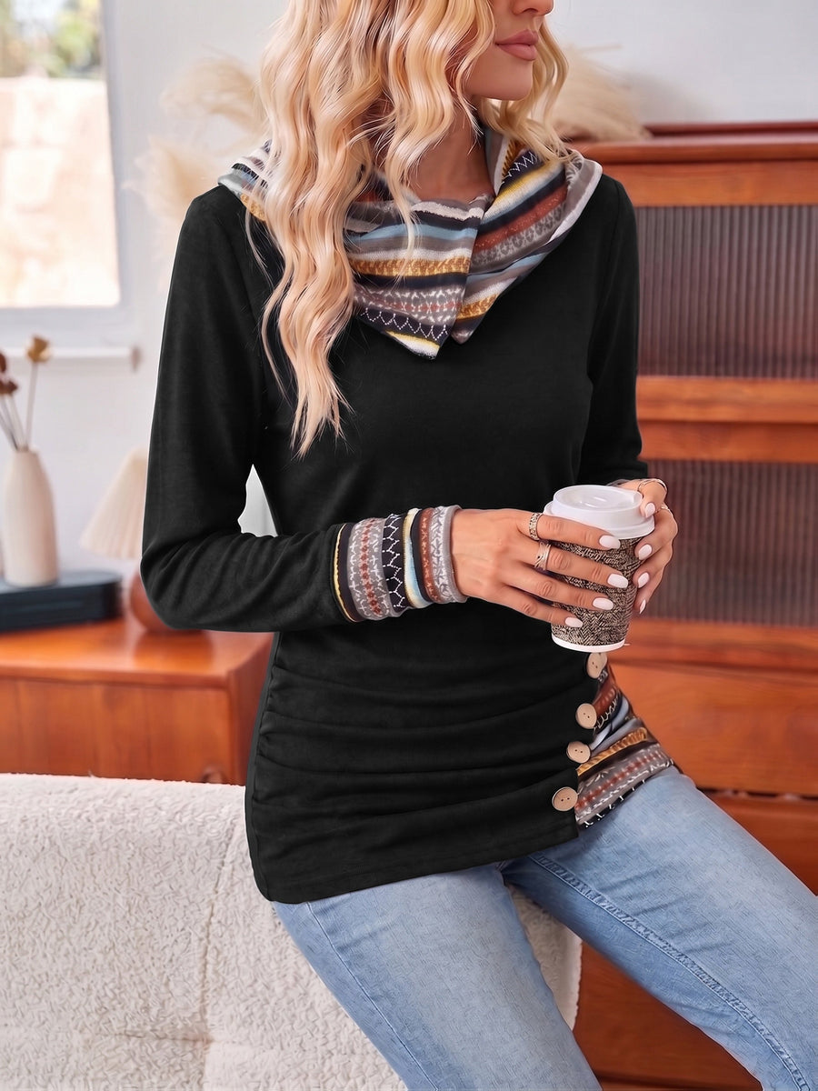 Damen Langarmshirt mit Wickelkragen und Zierknöpfen, Schwarz