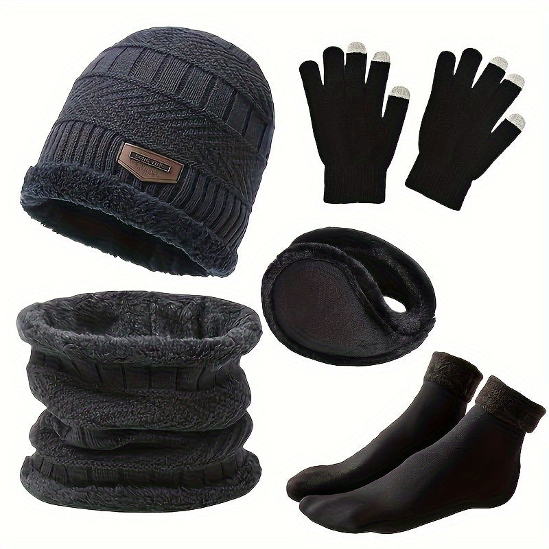 Winterset met muts, sjaal, handschoenen, oorwarmers en gebreide, gevoerde sokken, donkerblauw