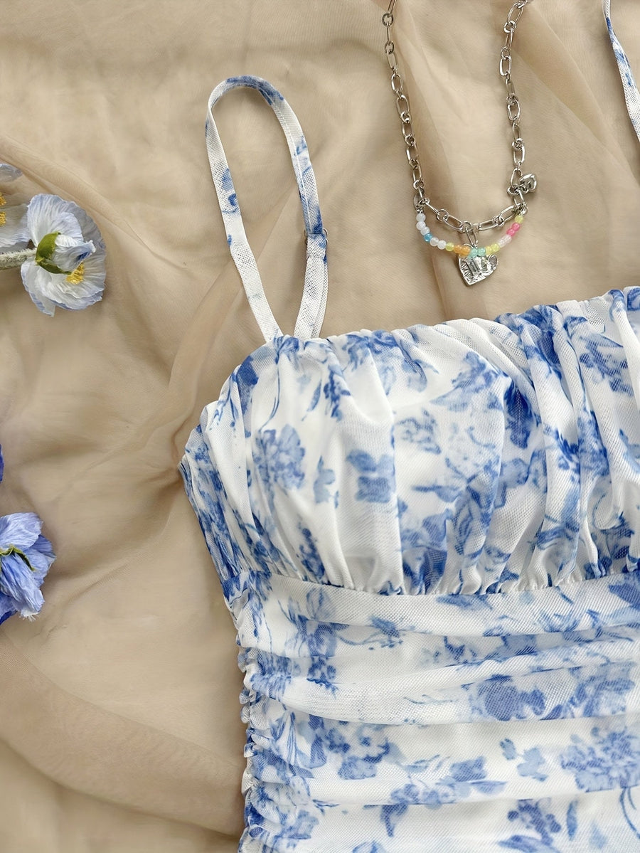 Damen Sommerkleid Elegant mit Spaghettiträgern und Blumenmuster – Perfekt für Alltag und Urlaub