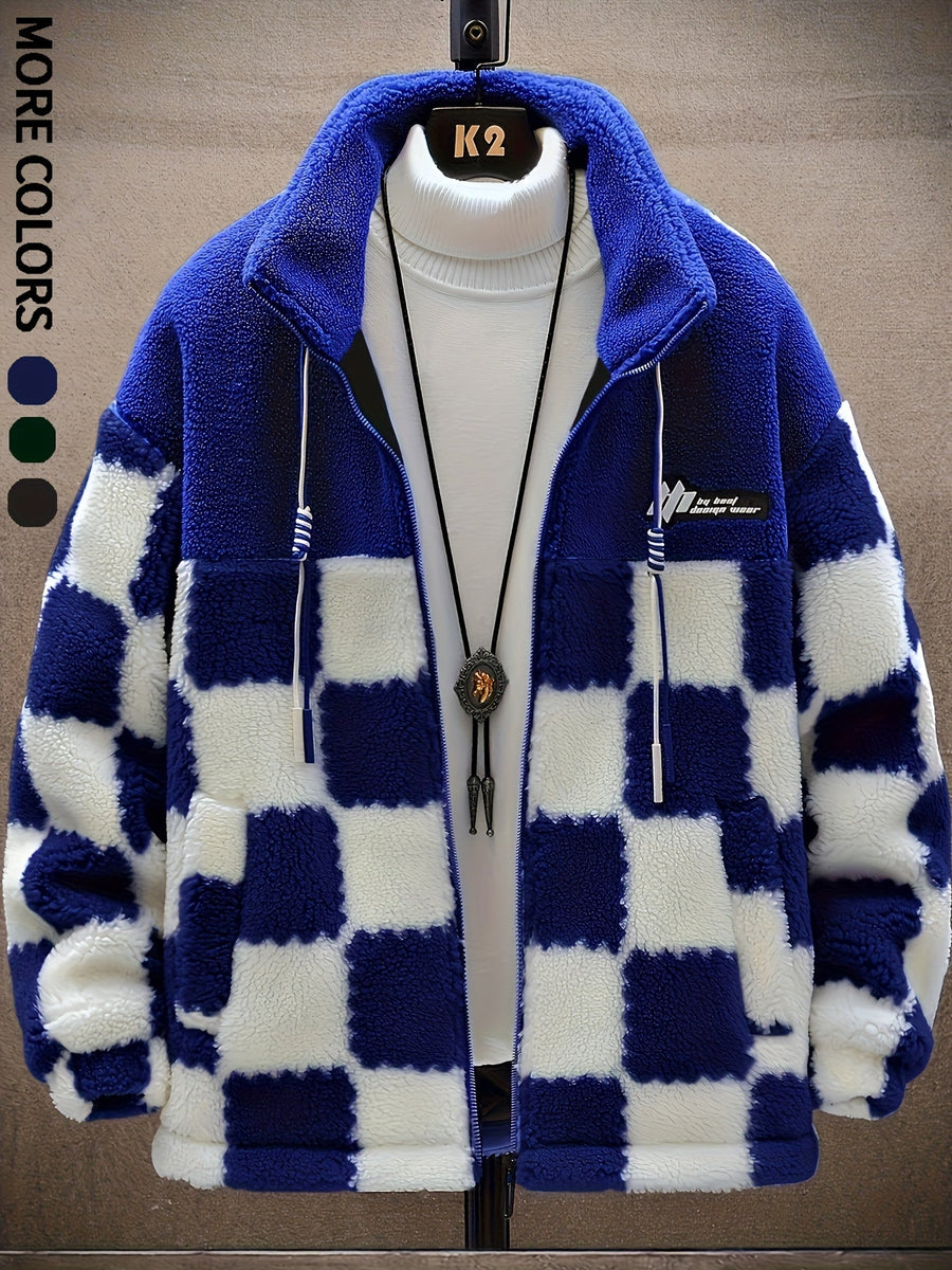 Teddyfleece Jacke Herren Kariert Blau Weiß Stehkragen Reißverschluss
