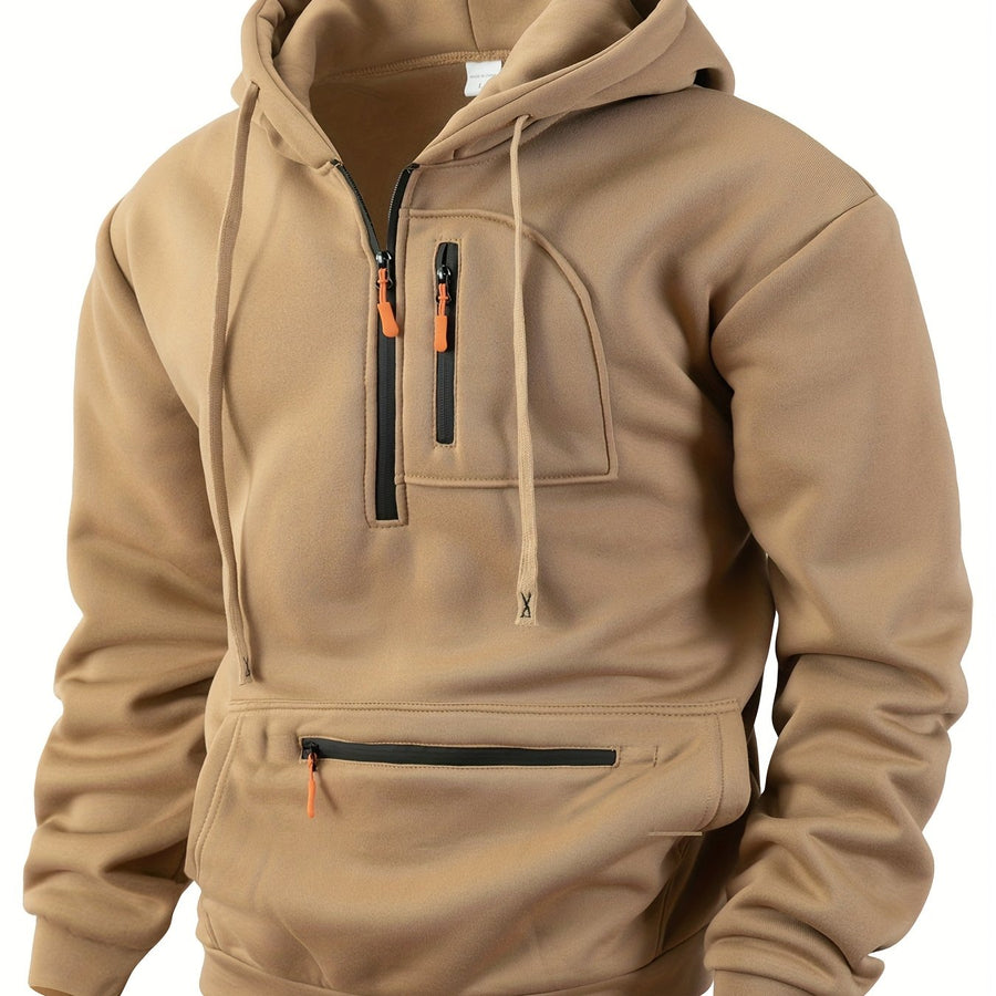 Herren Hoodie mit Reißverschluss und Bauchtasche, Kordelzug Kapuzenpullover