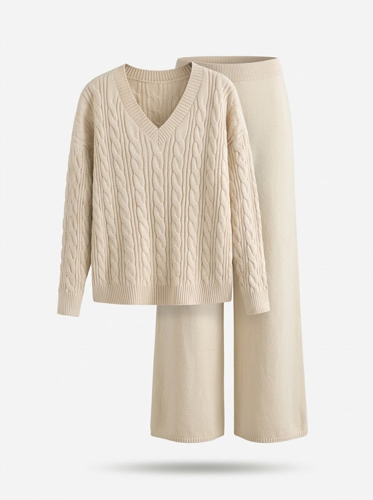 Damen Strick Loungewear Set mit Zopfmuster Pullover & weiter Hose