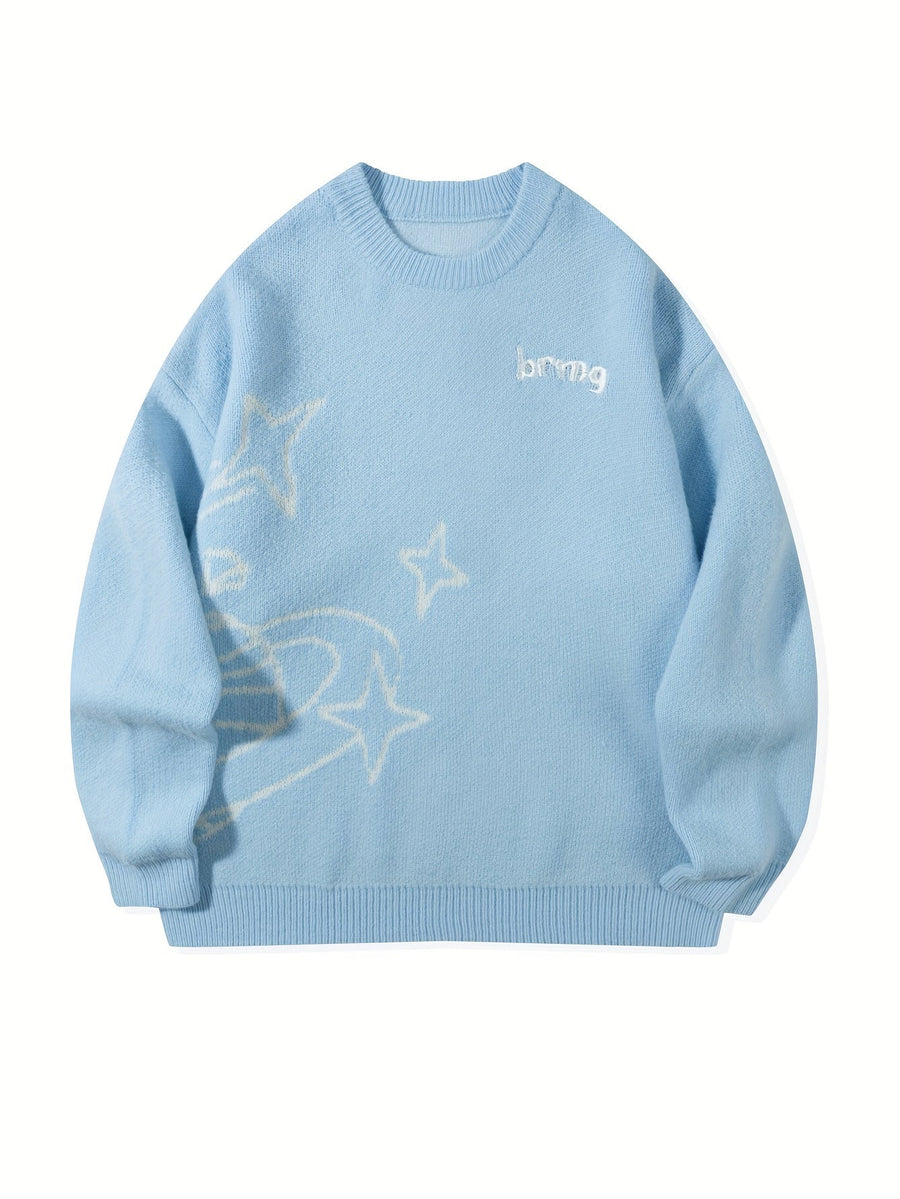 Unisex Strickpullover Rundhals mit Planeten- & Sternenmuster, Weit Geschnitten