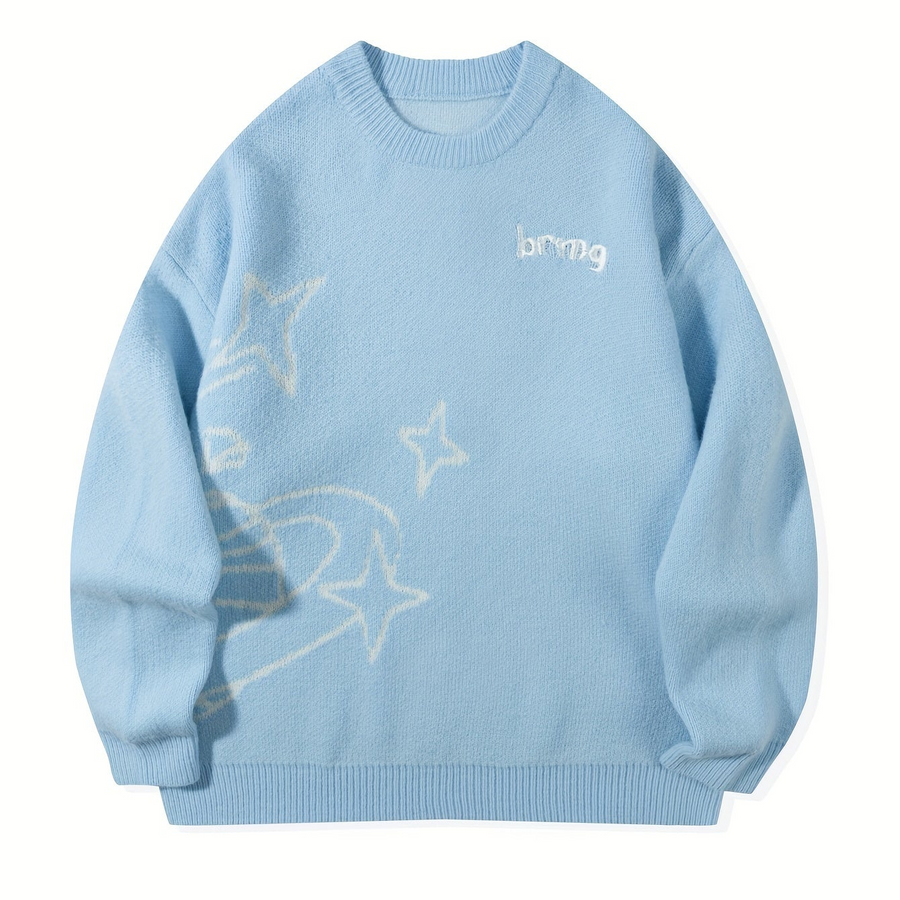 Unisex Strickpullover Rundhals mit Planeten- & Sternenmuster, Weit Geschnitten
