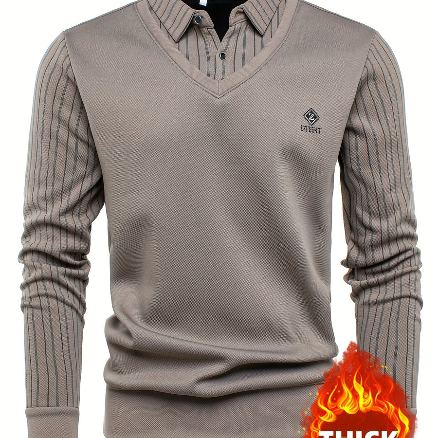 Herren Langarmshirt mit V-Ausschnitt und Hemdkragen, Streifenmuster