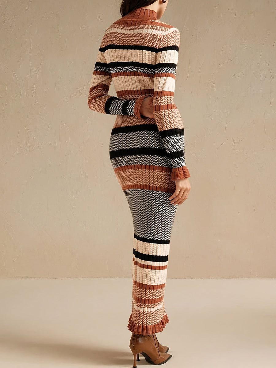 Damen Strickkleid Lang Ärmel Rollkragen Mehrfarbig Gemustert