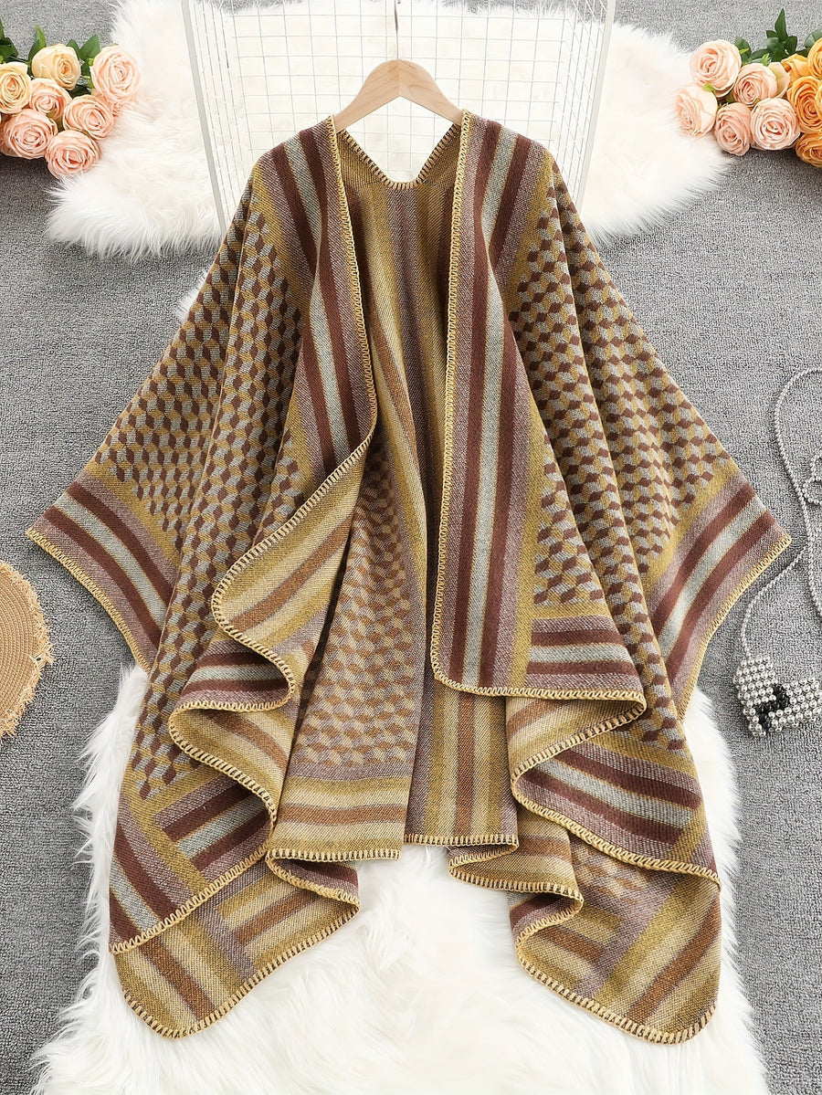 Damen Poncho Cape mit offenem Vorderteil und geometrischem Muster – Boho Stil für Alltag und Freizeit