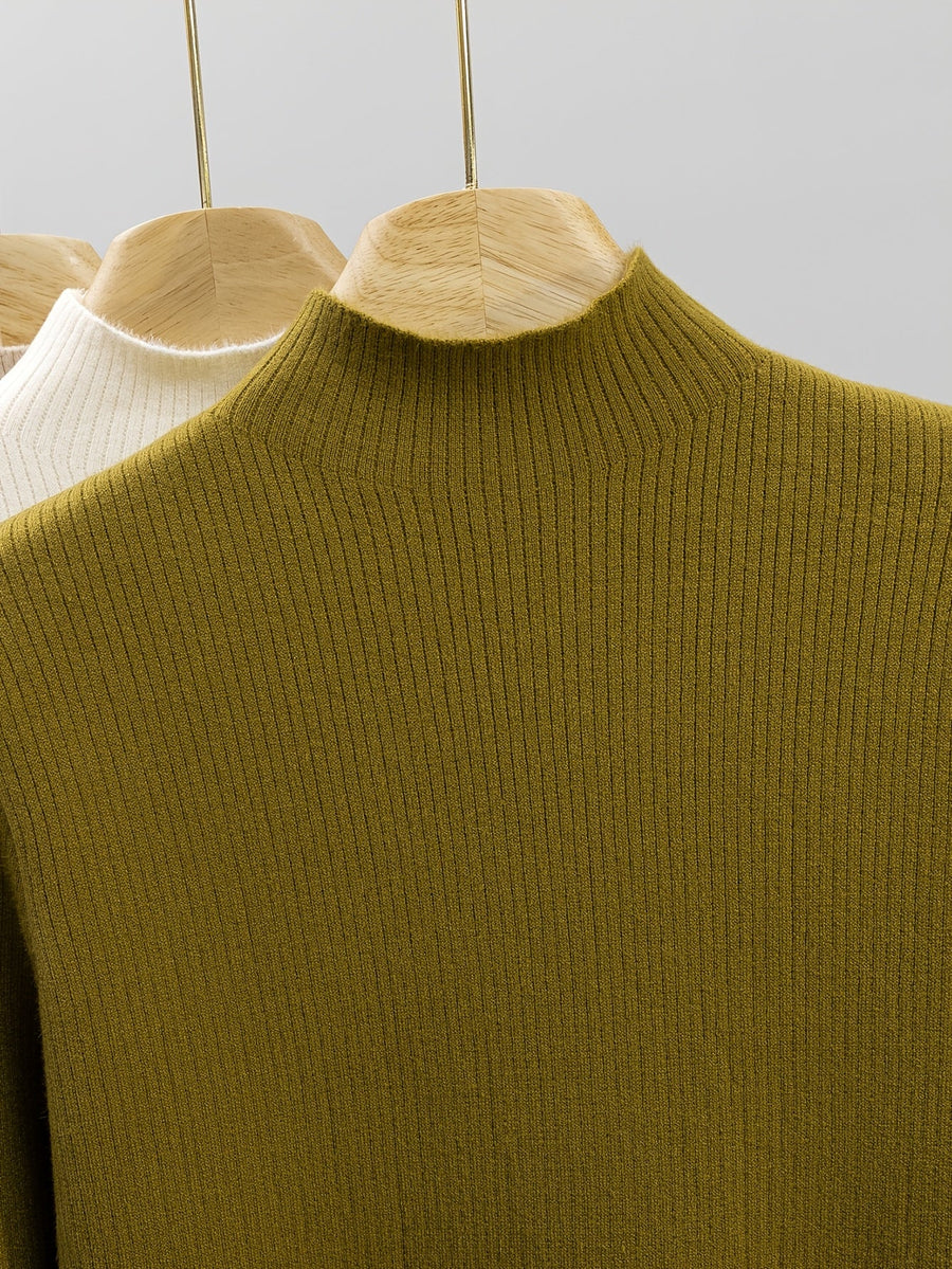 Gerippter Damen Mock-Neck Pullover Langarm Futter Weich Warm