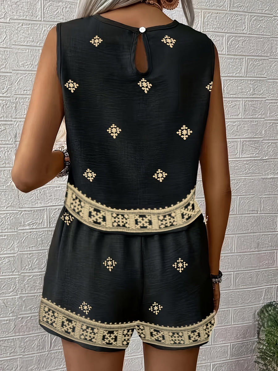 Damen Zweiteiler Set – Ärmelloses Top und Shorts mit Ethno-Muster, Casual Sommer Outfit