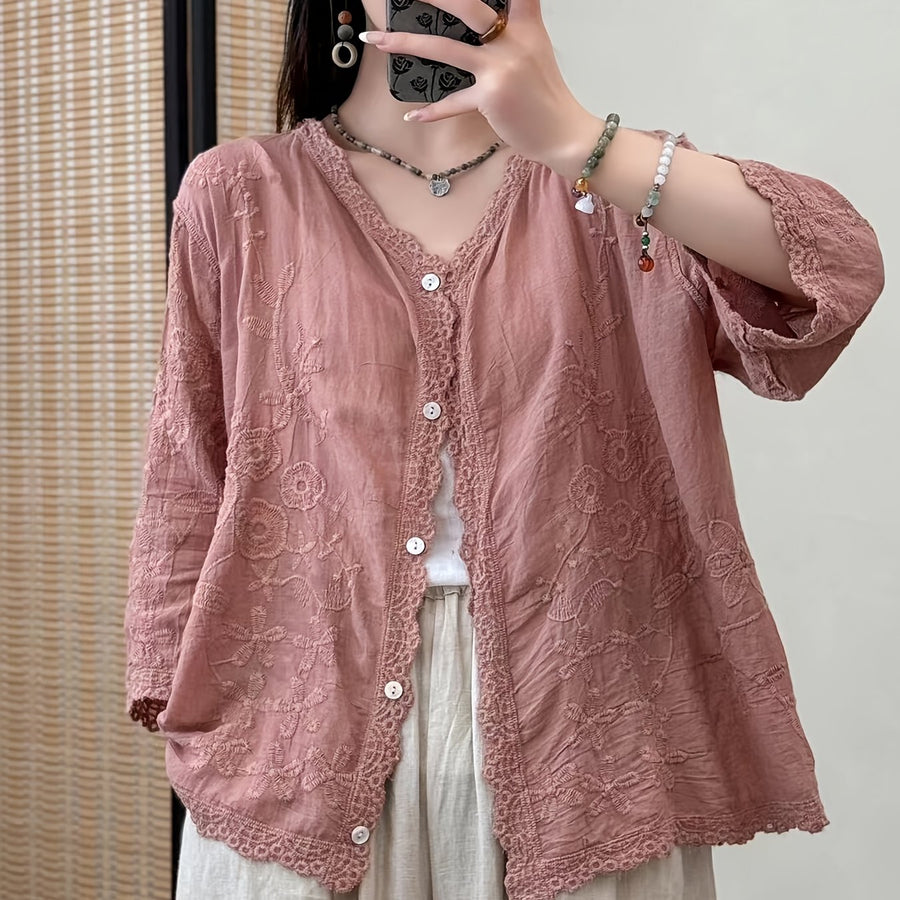 Damen Bluse Langarm V-Ausschnitt Bestickt mit Knopfleiste und Spitze