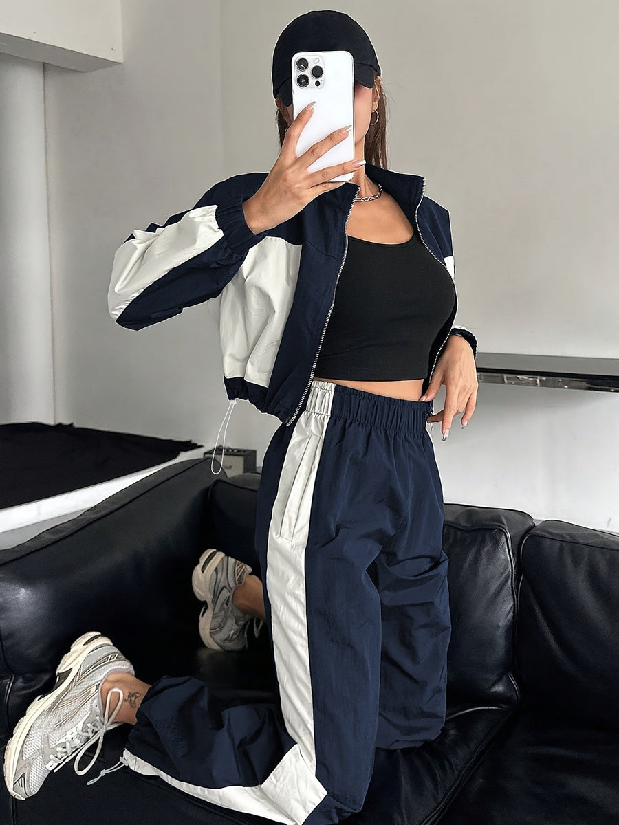 Damen Trainingsanzug Set Zweiteiler mit Colorblock Jacke und Jogginghose