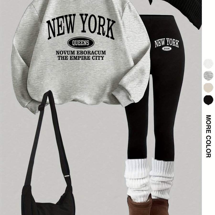 Damen Trainingsanzug Set Sweatshirt & Leggings New York Queens Print Schwarz