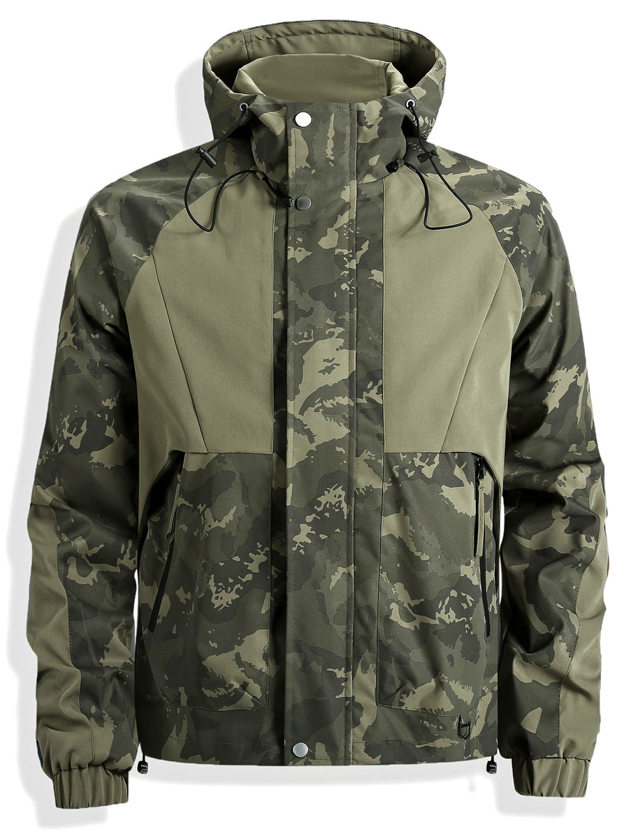 Herren Jacke Camouflage mit Kapuze und Reißverschluss, Olivgrün/Dunkelgrün