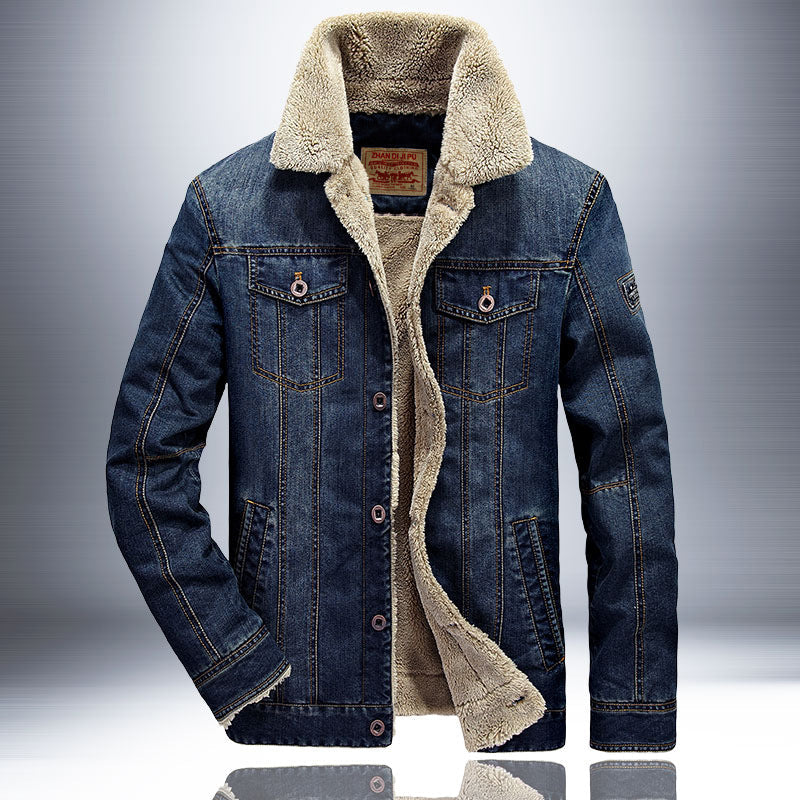 Herenjeansjack met imitatiebontvoering - donkerblauw
