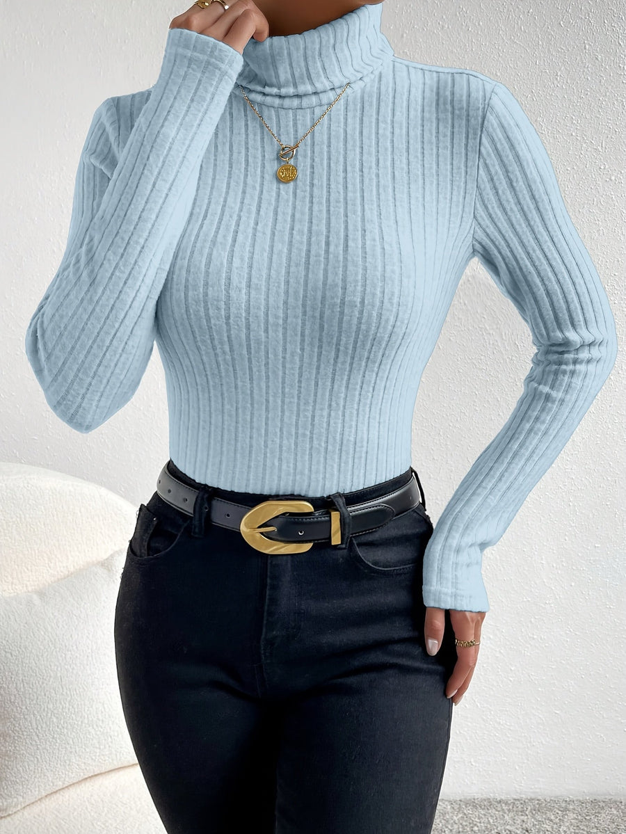 Damen Rollkragenpullover Rippstrick Langarmshirt Eng Anliegend
