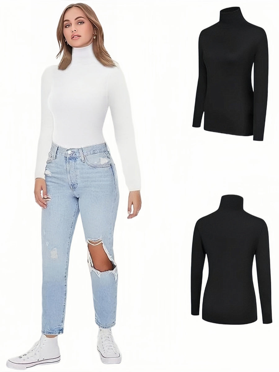 Damen Rollkragen Langarmshirt Eng Anliegend Einfarbig Basic Top