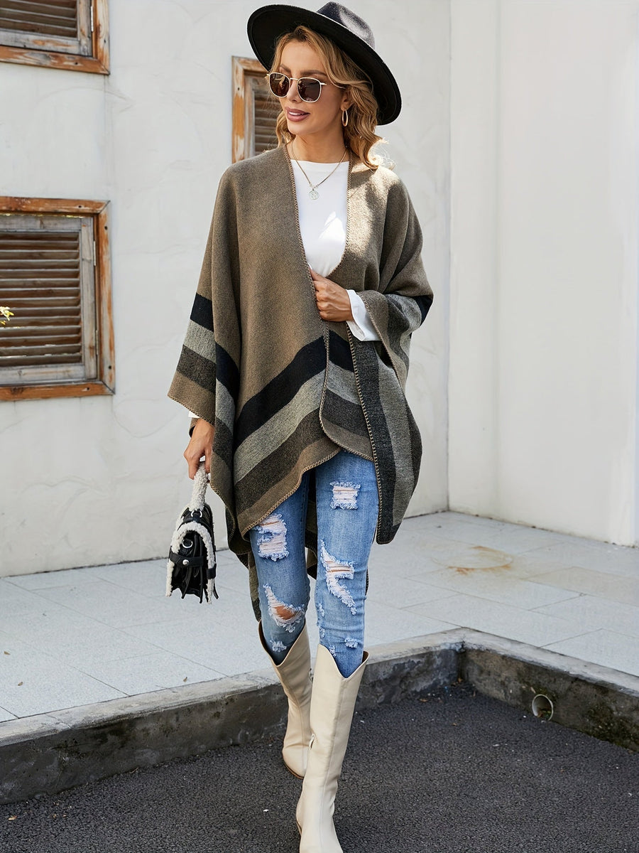 Damen Poncho mit Streifenmuster & offener Vorderseite